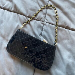 Patent Leather Black Quilted Wristlet Clutch Bag